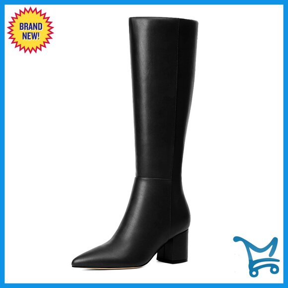 Knee High Boots Chunky Heel Pointed Toe Side Zipper Long Boots